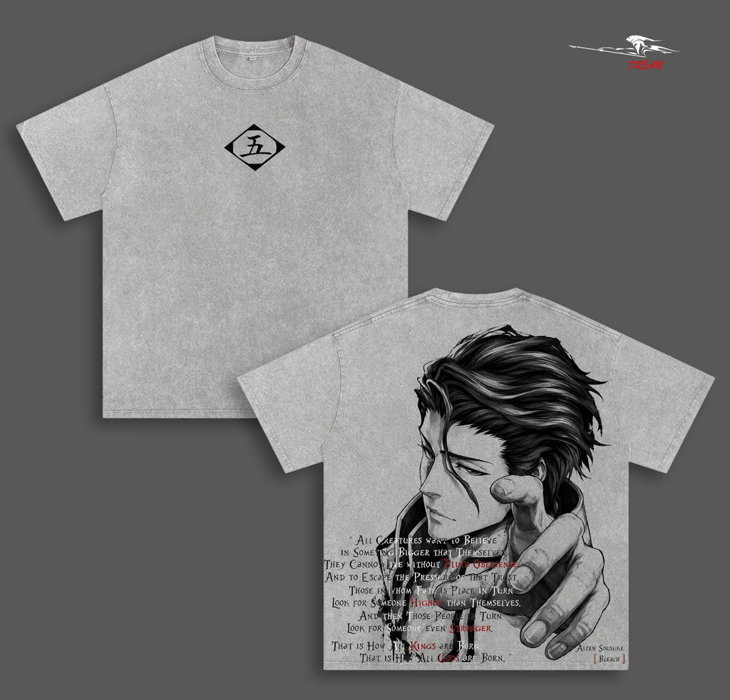 Aizen Sosuke Bleach Anime Double Printed Vintage Washed Tee Unisex Oversize Heavyweight Cotton T-shirt for Anime Fans and Lovers
