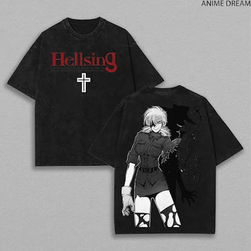 Seras Victoria tshirt ,Limited Edition Alucard Hellsing Hand Signs Anime Double Printed Oversize Lightweight Acid Washed Tee, Gift For anime lover