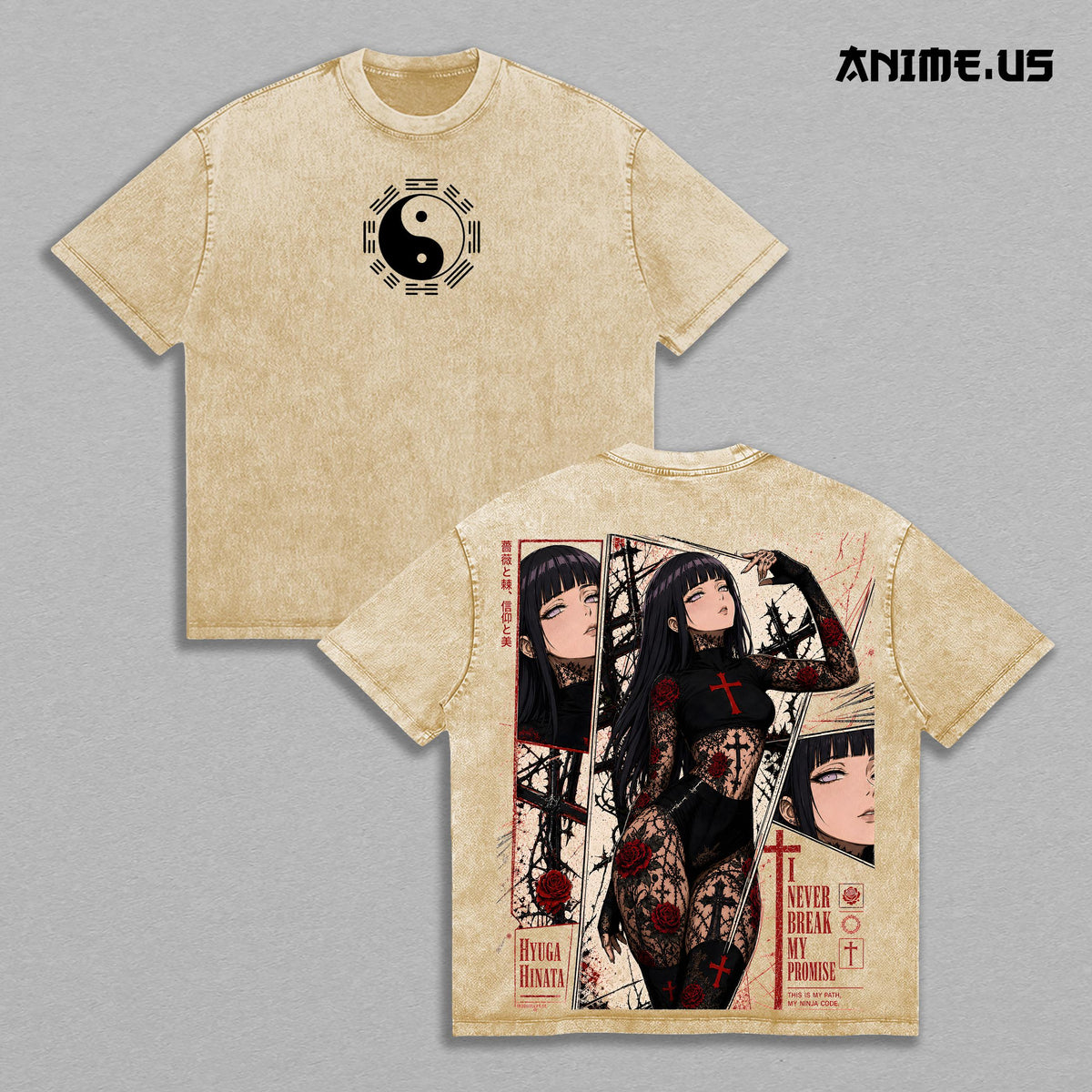 Hinata Hyuga Cross Red Rose Dark Aesthetic Naruto Anime Vintage Washed Tee Heavy Cotton Streetwear Graphic Shirt Manga Gift