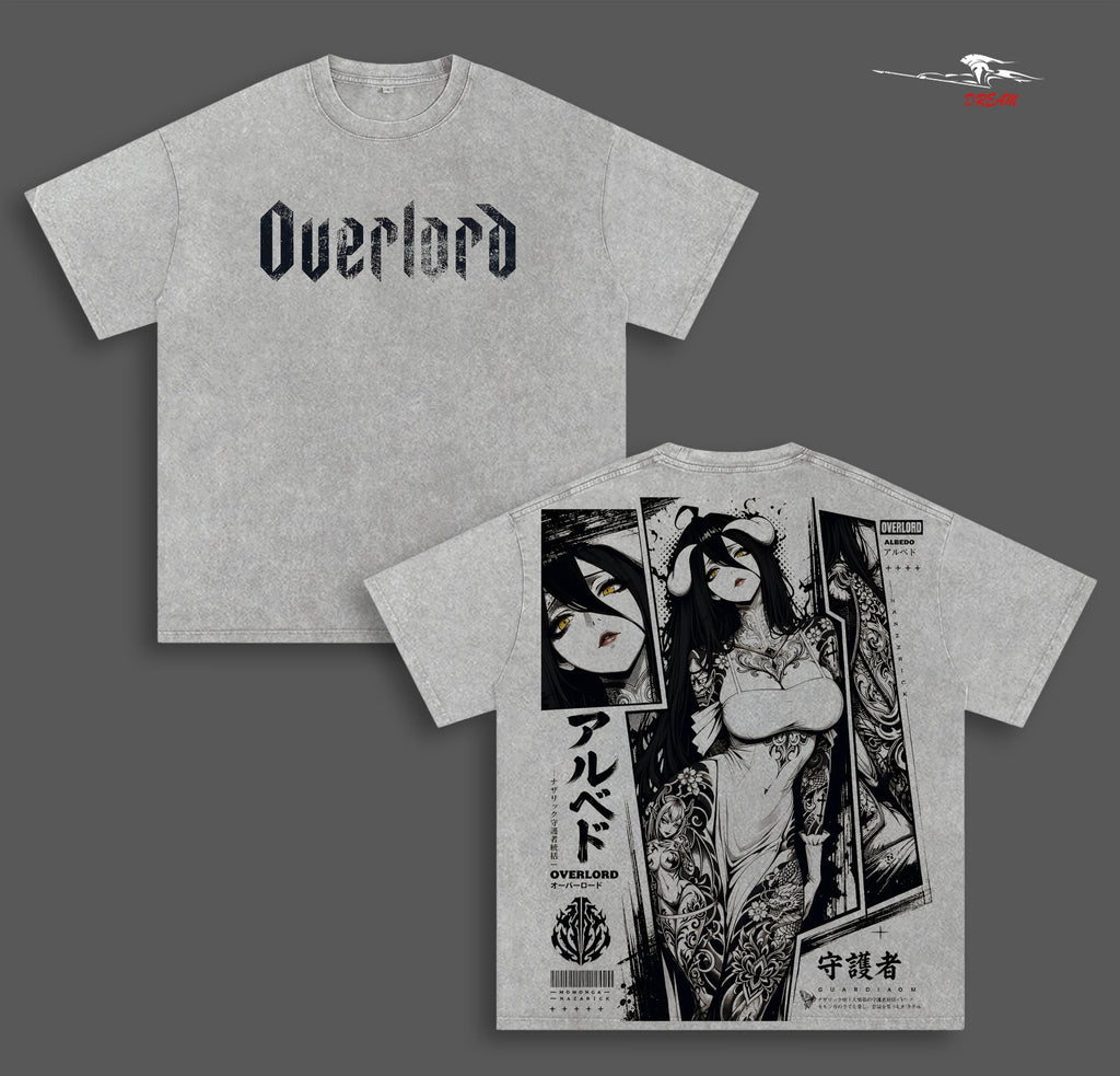 Albedo Overlord Anime Double Printed Vintage Washed Tee Unisex Oversize Anime Manga Washed Heavyweight Cotton T-shirt