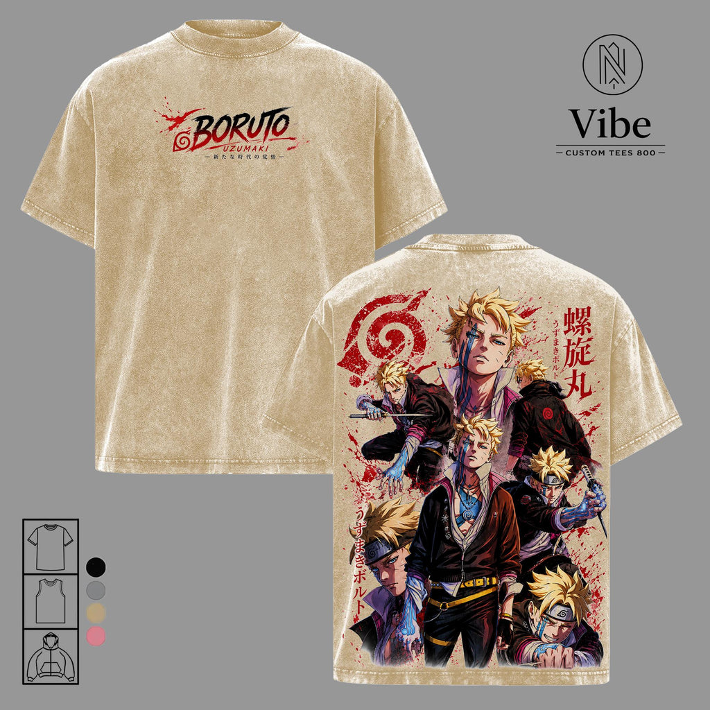Boruto Uzumaki Two Blue Vortex Vintage Washed Anime T-Shirt, Tank Top Double Printed Manga Graphic Tee, Oversized Heavyweight Cotton Streetwear Shirt