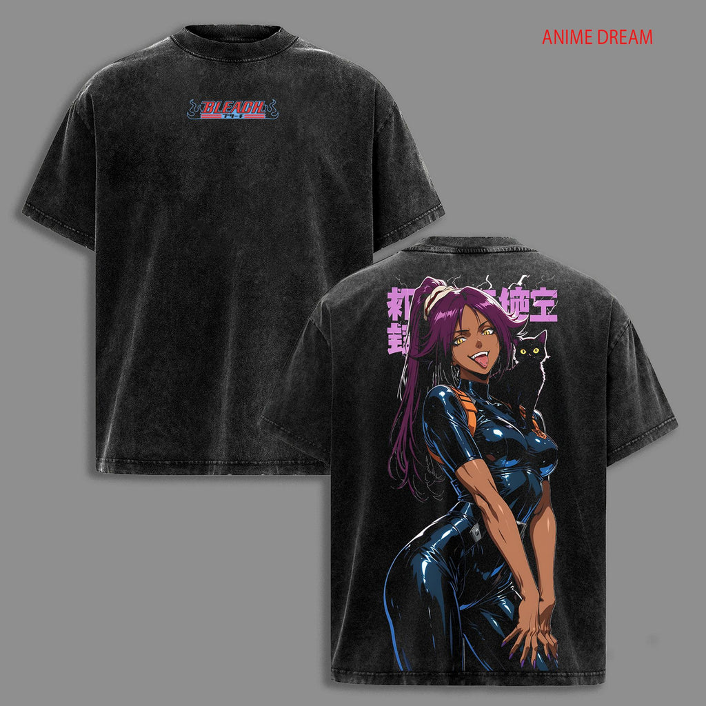Yoruichi Shihoin Bleach Anime Double Printed Vintage Washed Tee Unisex Oversize Anime Manga Washed Heavyweight Cotton T-shirt