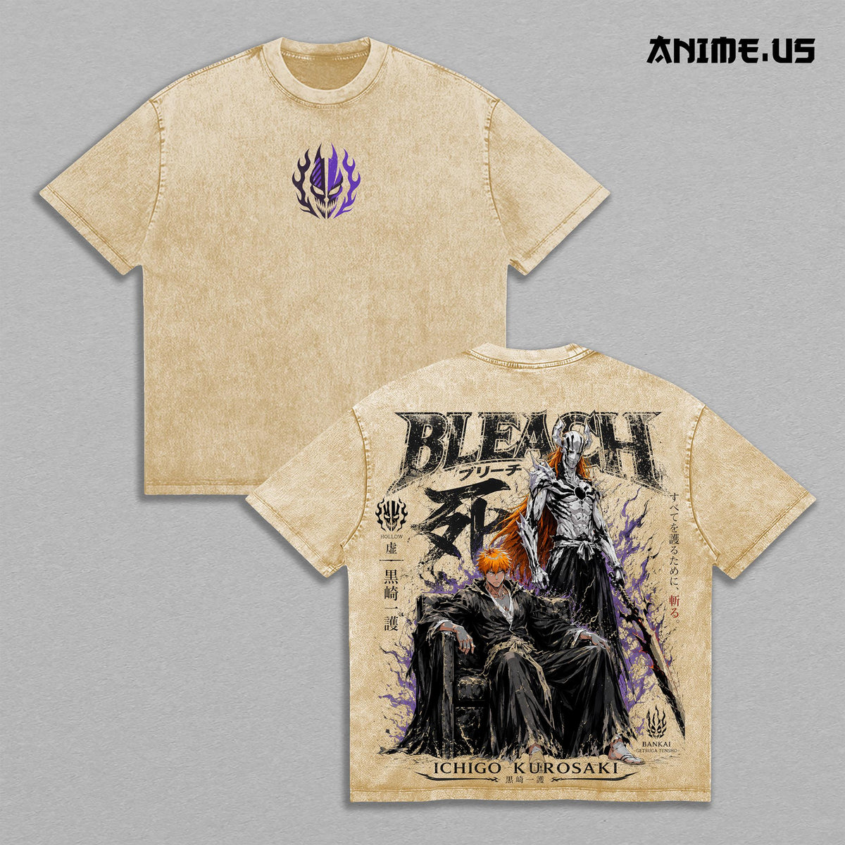Bleach Ichigo Kurosaki Bankai Hollow Form Washed Heavyweight T-Shirt Vintage Anime Streetwear Graphic Tee Soul Reaper Oversized Unisex Gift