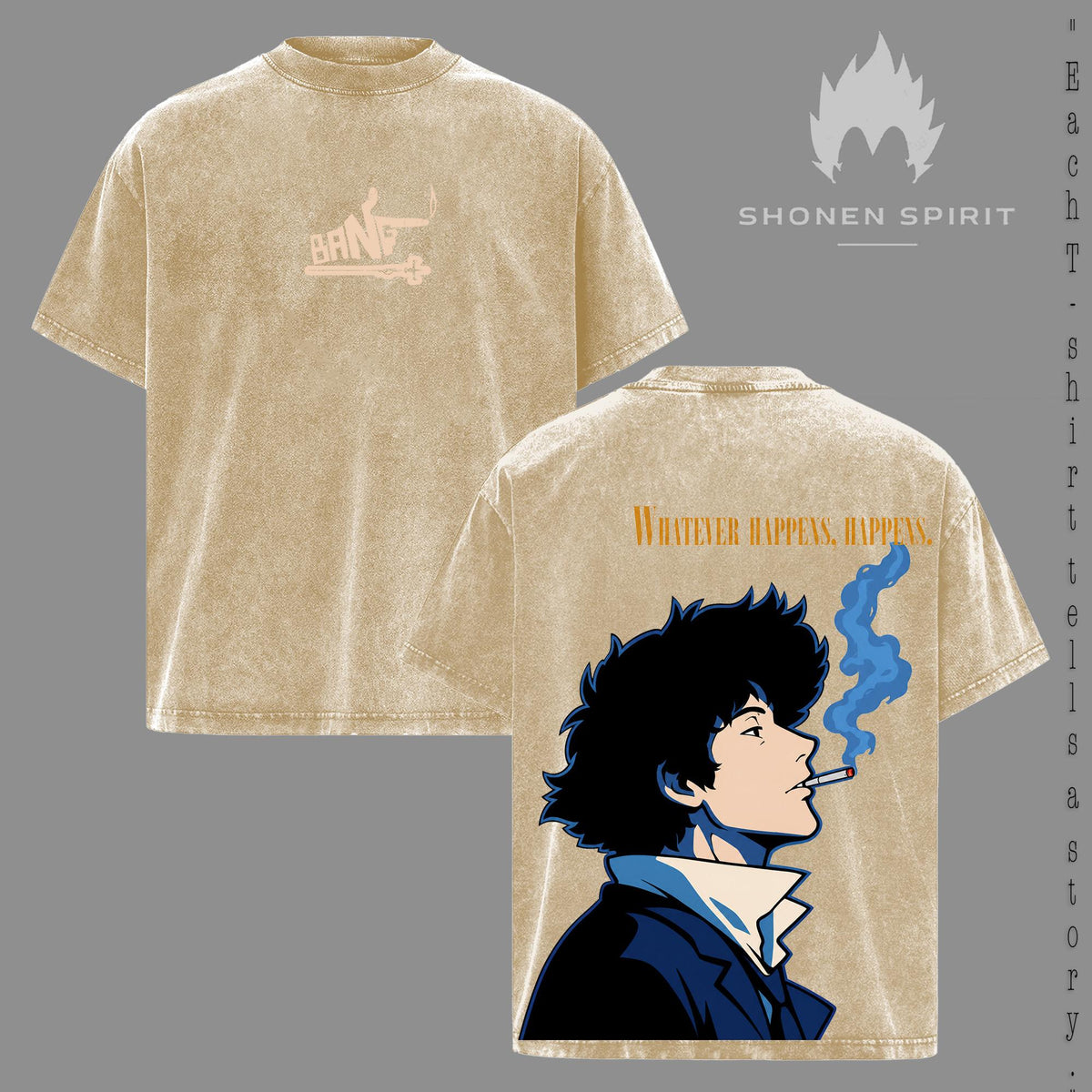 Cowboy Bebop – Washed T-Shirt, Space Cowboy Anime Graphic Tee, Spike Spiegel Retro Style Oversized Heavyweight Cotton