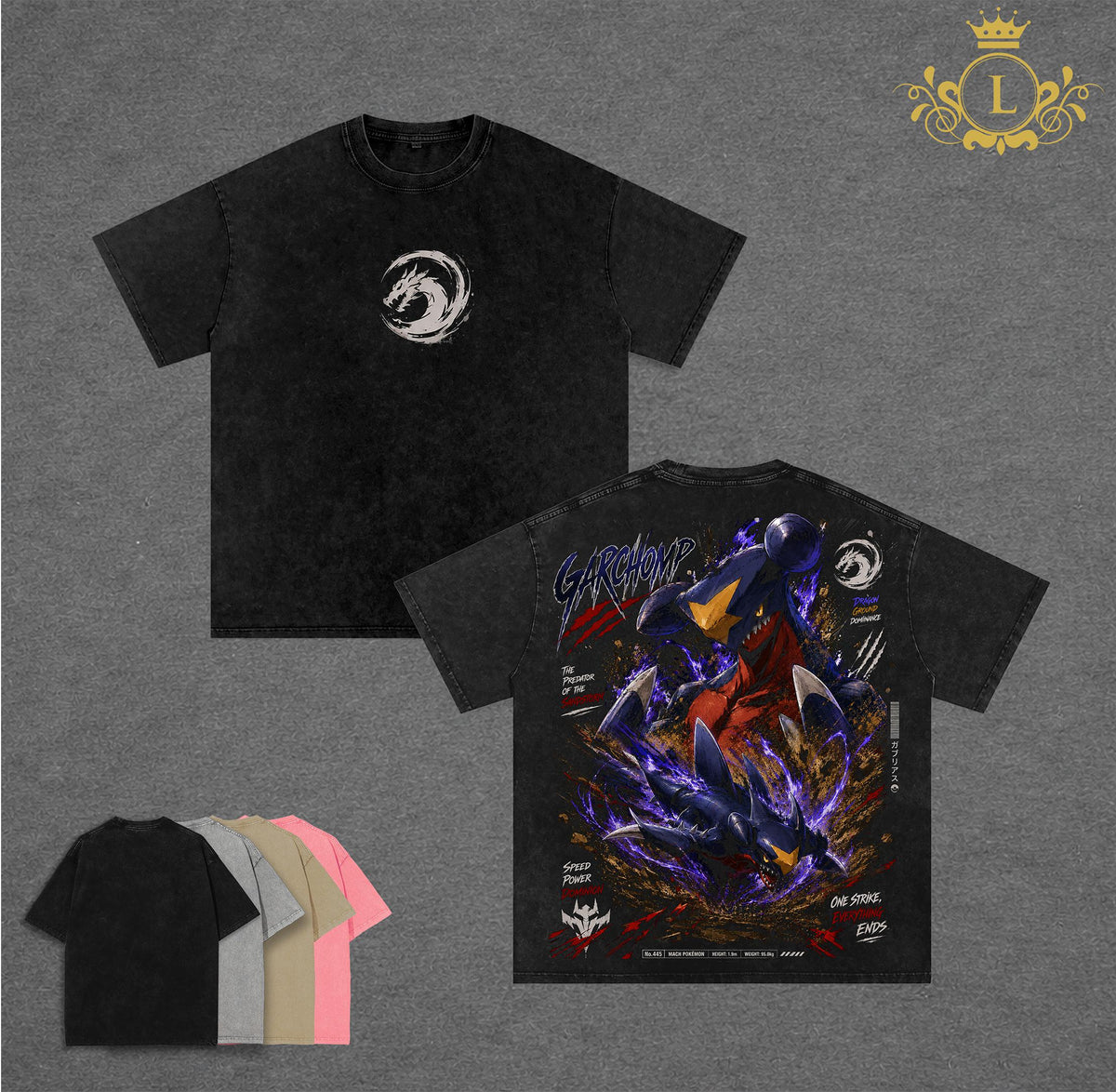 Pocket Monsters - Garchomp Wash TShirt Vintage Unisex Oversize Anime Manga Acid Washed Heavyweight Cotton T-shirt for Fans