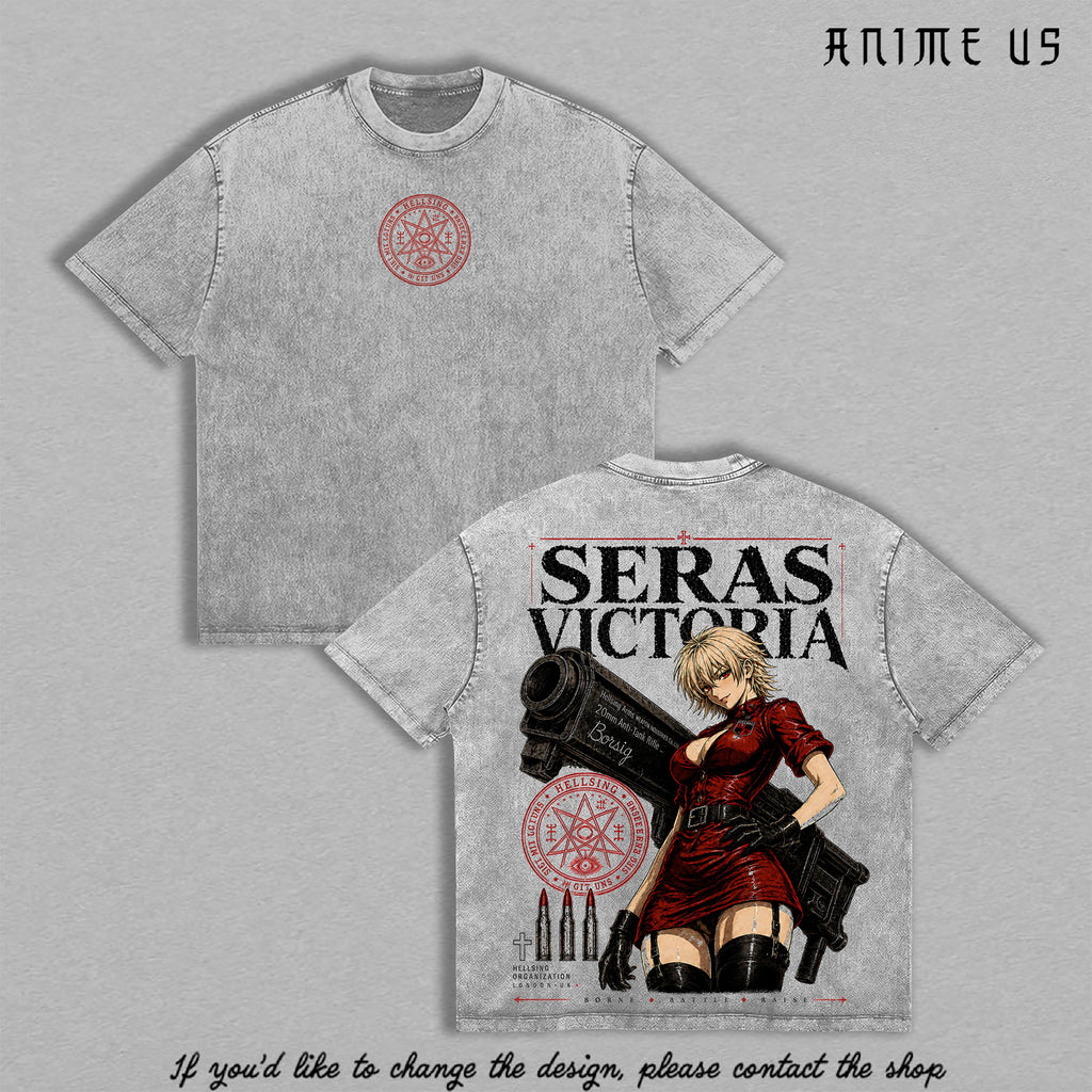 Limited Seras Victoria - Alucard Hellsing Hand Signs Anime Double Printed Oversize Lightweight Acid Washed Tee, Gift For anime lover
