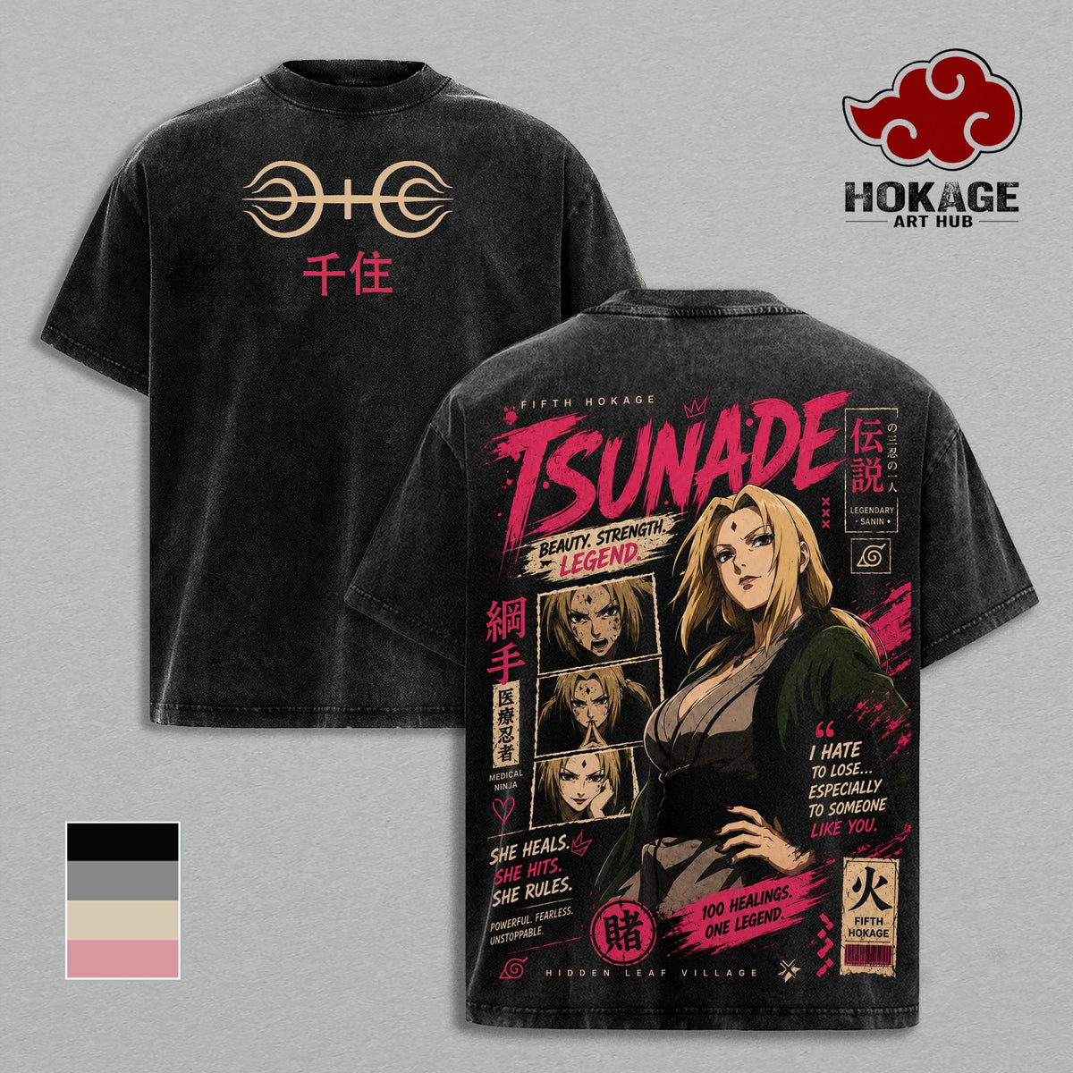 Tsunade NRT Anime Double Printed Vintage Washed Tee Unisex Oversize Anime Manga Washed Heavyweight Cotton T-shirt