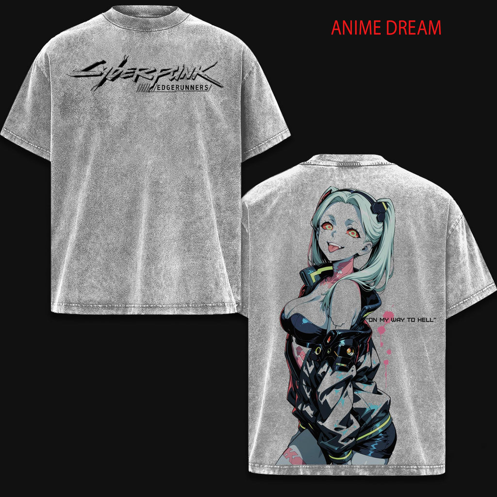 Rebecca Cyberpunk Edgerunners Anime Double Printed Vintage Washed Tee Unisex Oversize Anime Manga Washed Heavyweight Cotton T-shirt