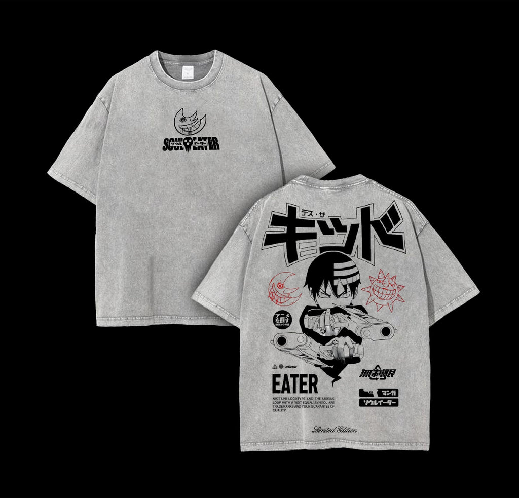 Death the Kid T-Shirt – Soul Eater Washed Oversized Streetwear, Retro Manga Graphic Tee with Dark Gothic Japanese Font, Heavy Cotton Unisex Fit