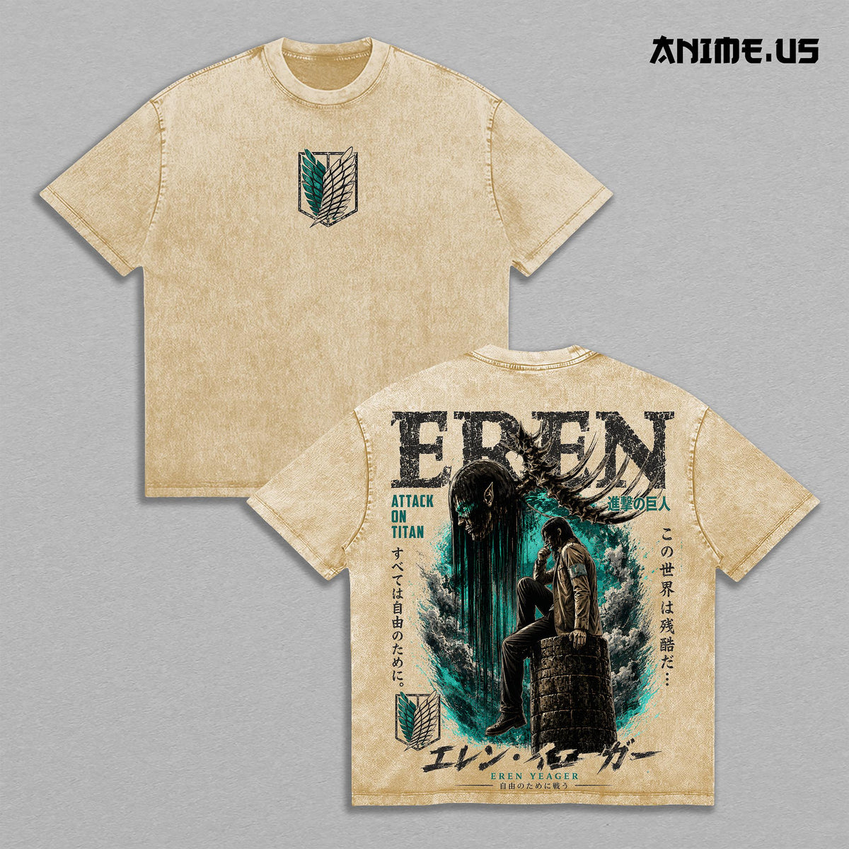 Eren Yeager Attack on Titan Anime Graphic Vintage Shirt, Scout Regiment Attack Titan Freedom Seeker Heavyweight Washed Cotton Anime Tee T-Shirt