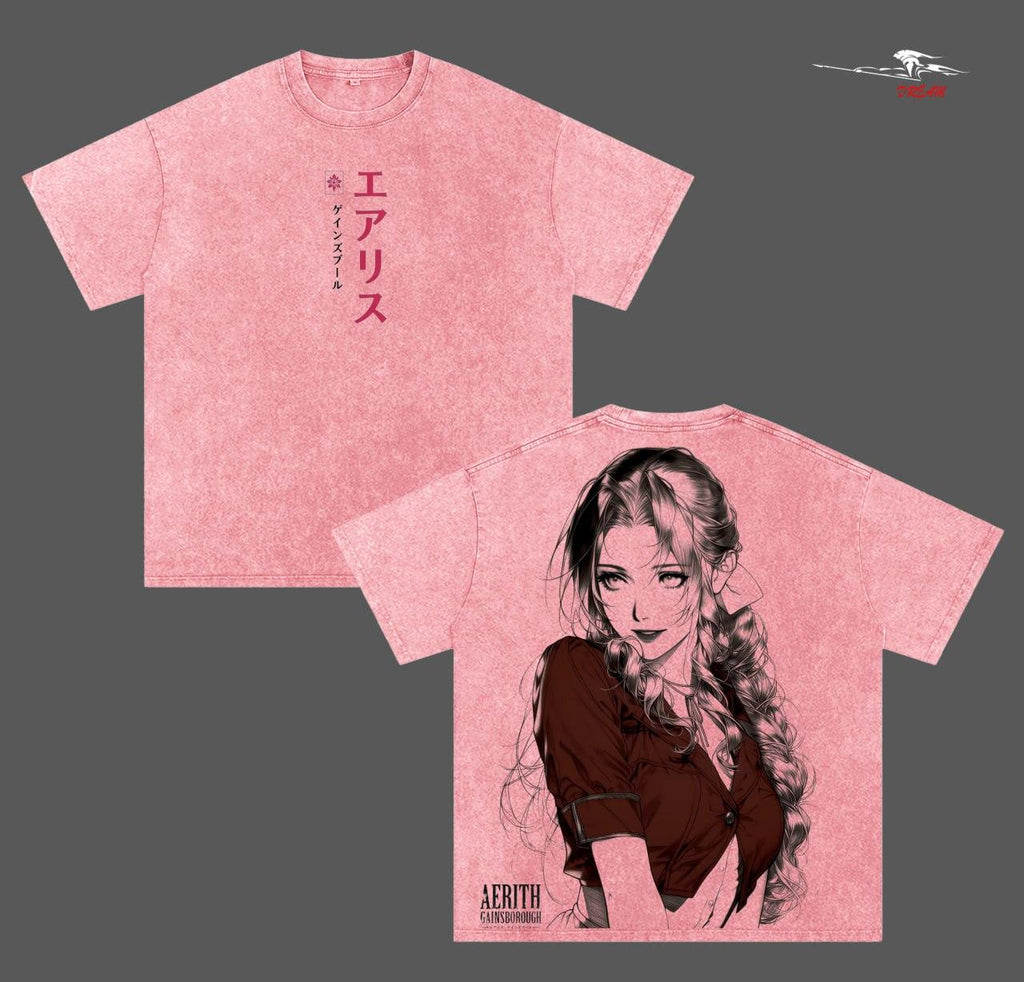 Aerith Gainsborough Final Fantasy 7 Anime Double Printed Vintage Washed Tee Unisex Oversize Anime Manga Washed Heavyweight Cotton T-shirt