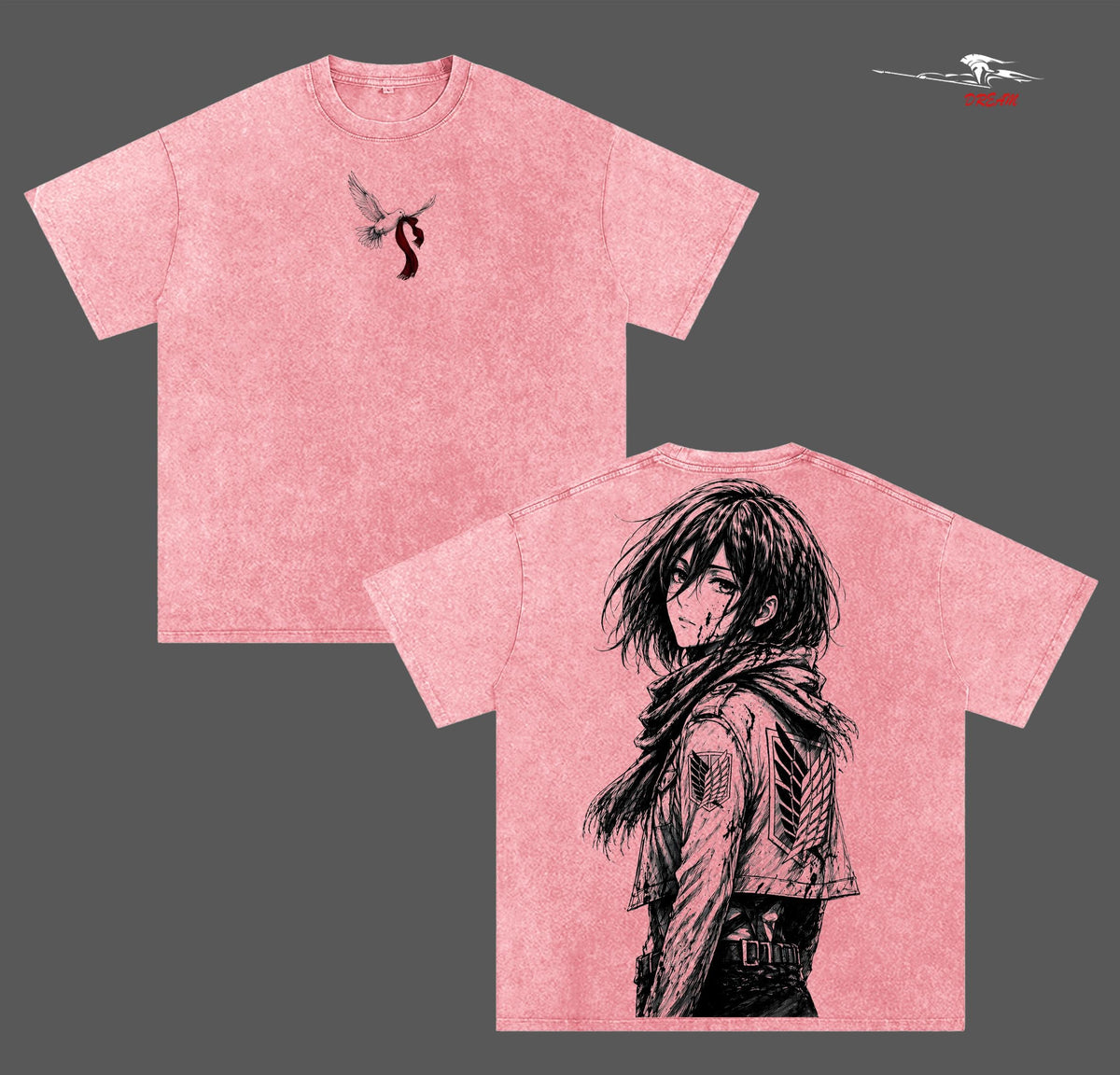 Mikasa Ackerman Attack on Titan Anime Double Printed Vintage Washed Tee Unisex Oversize Anime Manga Washed Heavyweight Cotton T-shirt