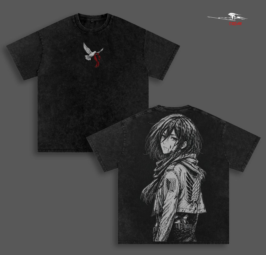 Mikasa Ackerman Attack on Titan Anime Double Printed Vintage Washed Tee Unisex Oversize Anime Manga Washed Heavyweight Cotton T-shirt