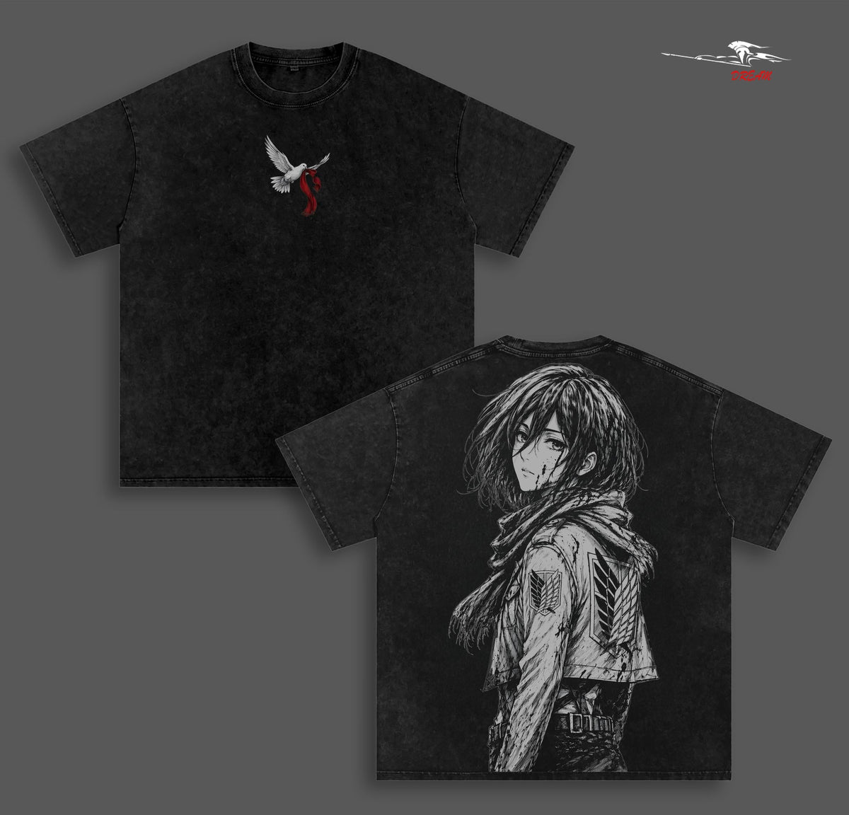 Mikasa Ackerman Attack on Titan Anime Double Printed Vintage Washed Tee Unisex Oversize Anime Manga Washed Heavyweight Cotton T-shirt