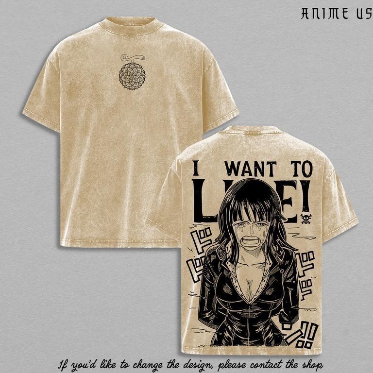 Nico Robinnn “I Want To Live” Vintage Washed Anime T-Shirt Scene Graphic Tee Streetwear Retro Shirt Heavy Cotton Gift for Anime Manga Fans