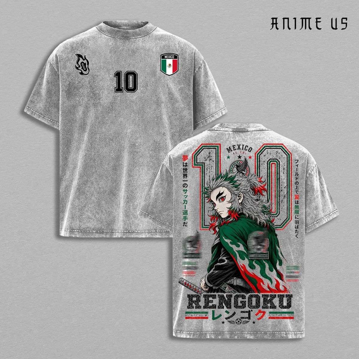 Mexico World Football 2026 Rengoku Flame Warrior Anime Vintage Washed Tee