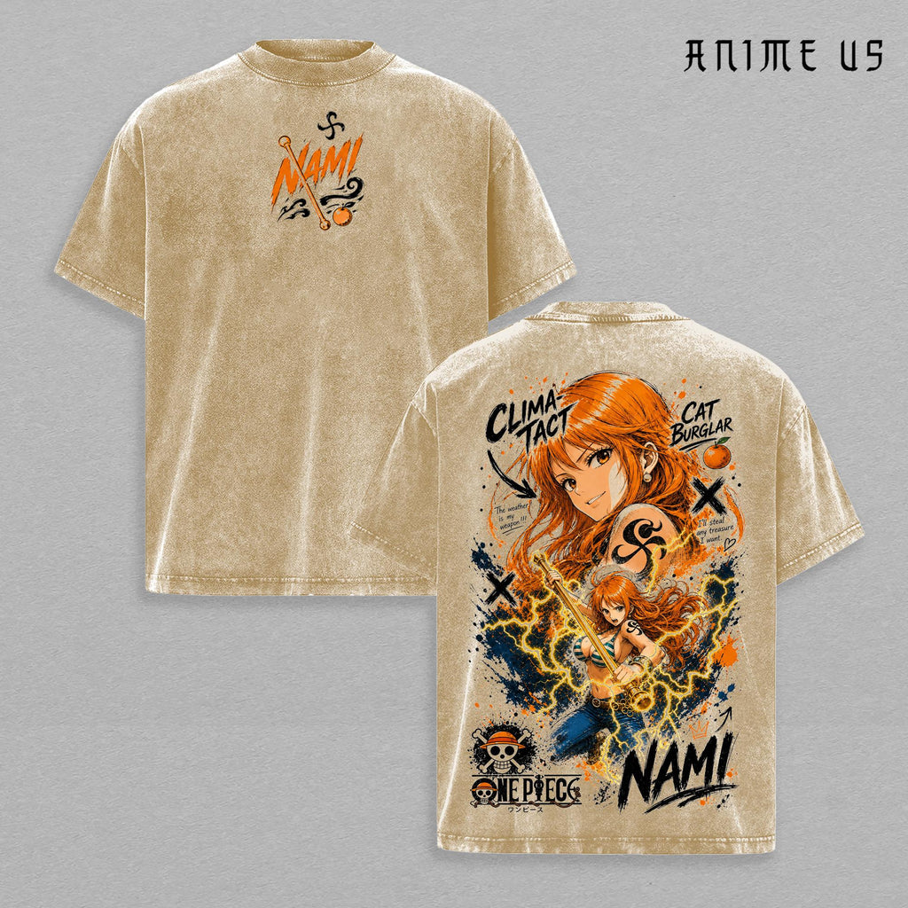Nami Vintage Washed T-Shirt OP Anime Graphic Tee Oversized Streetwear Shirt Cat Burglar Manga Fan Gift Unisex Clothing