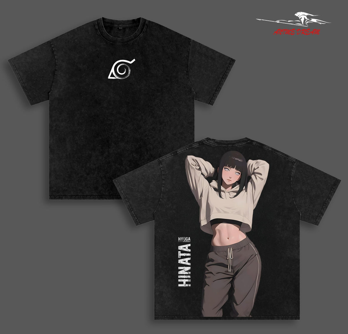 Hinata Hyuga Naruto Anime Double Printed Vintage Washed Tee Unisex Oversize Anime Manga Washed Heavyweight Cotton T-shirt