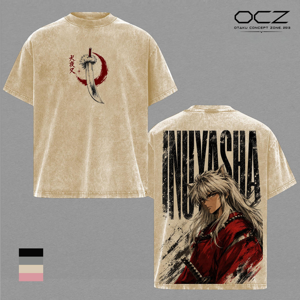 Inuyasha Vintage Washed T-Shirt, Half Demon Anime Graphic Tee, Tessaiga Sword Double Sided Print, Heavyweight Cotton Oversized Manga Streetwear Shirt