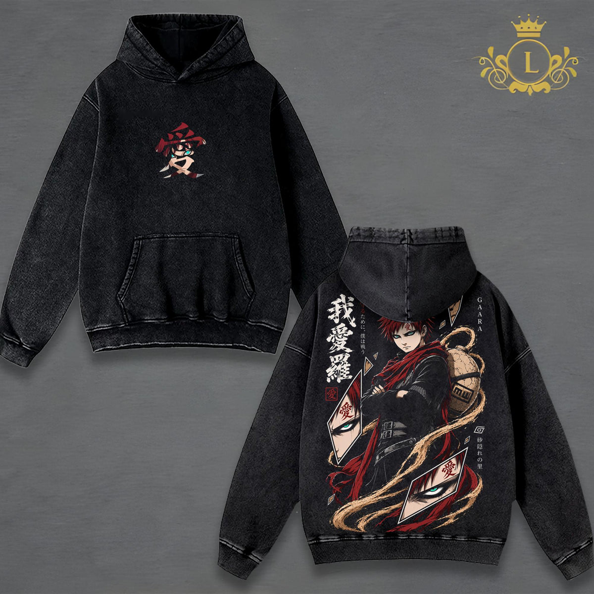 Gaara Naruto Vintage Washed T-Shirt Hoodie, Sand Village Anime Graphic, Double-Sided Heavyweight Oversized Unisex Streetwear, Gift For Anime Fan