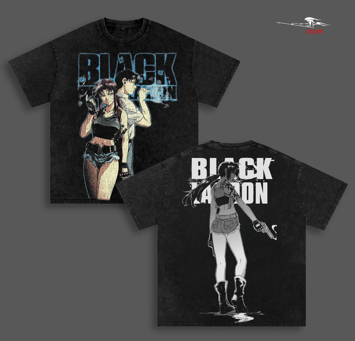 Black Lagoon v2 Anime Double Printed Vintage Washed Tee Unisex Oversize Anime Manga Washed Heavyweight Cotton T-shirt