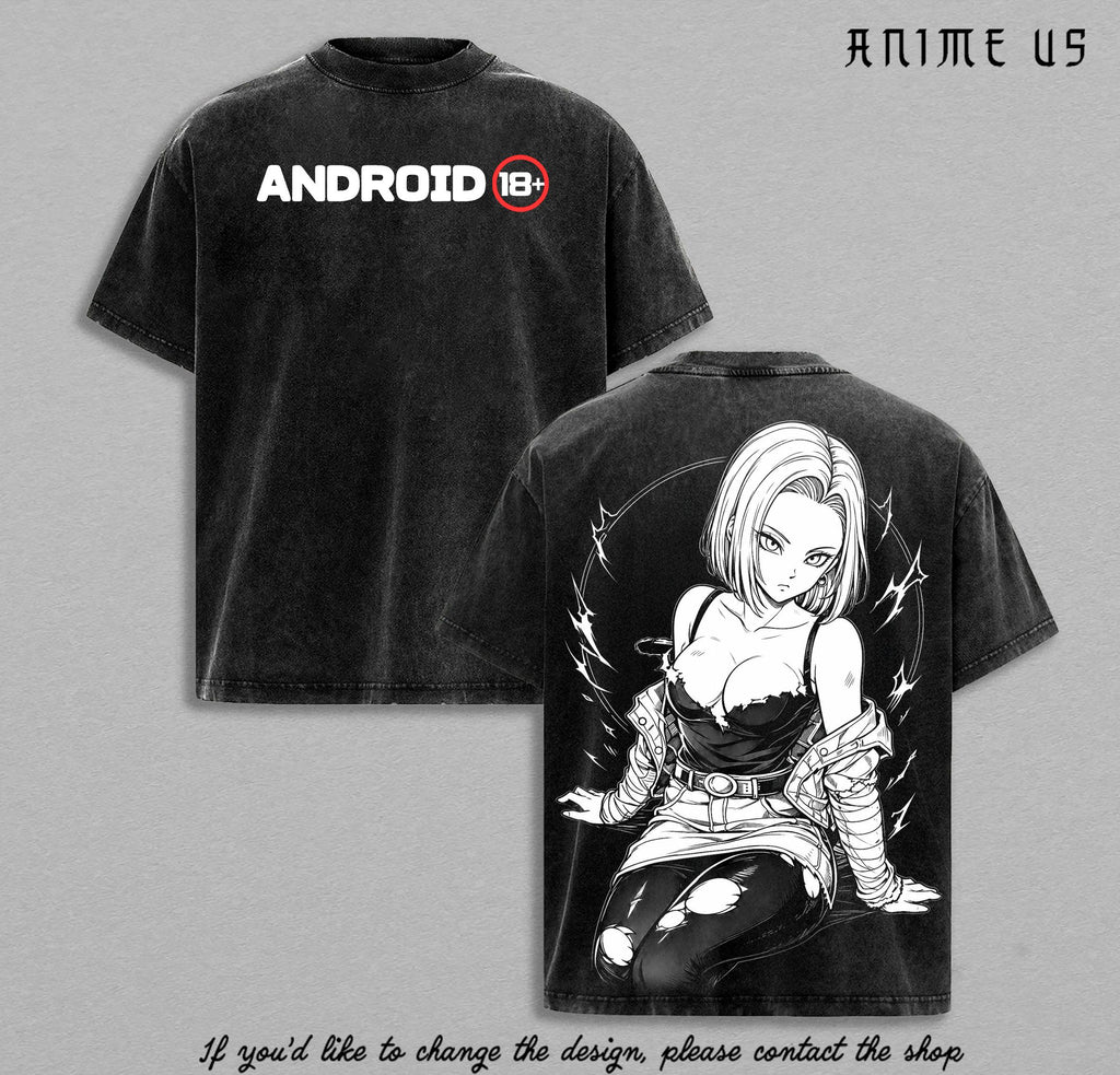 Android 18 DBZ Shirt Vintage Washed Tee | DBZ Anime Streetwear Graphic T-Shirt | Manga Oversized Shirt for Men Women