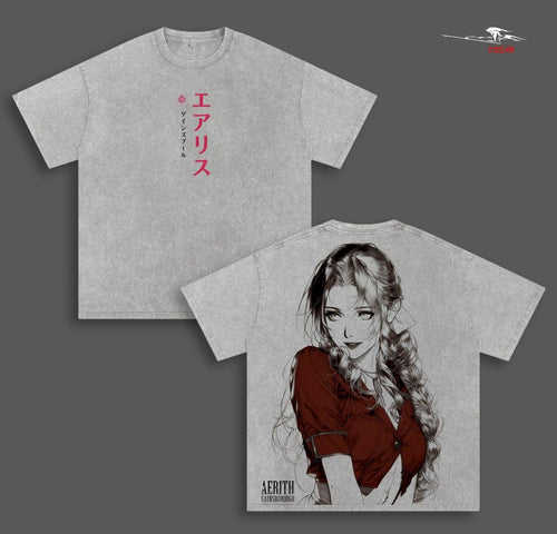 Aerith Gainsborough Final Fantasy 7 Anime Double Printed Vintage Washed Tee Unisex Oversize Anime Manga Washed Heavyweight Cotton T-shirt