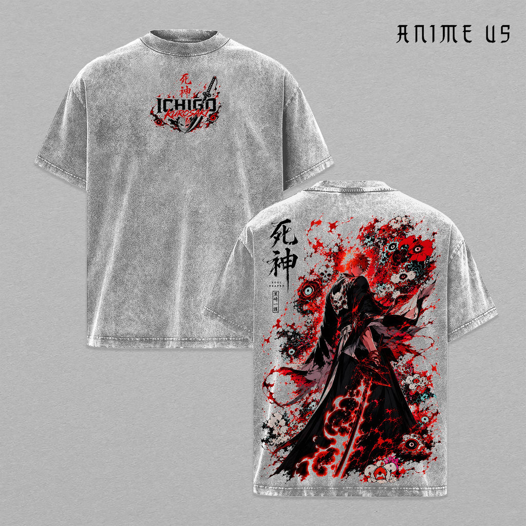 Ichigo Kurosaki Bleach Anime Shirt Soul Reaper Bankai Vintage Washed Oversized Graphic Tee Hollow Power