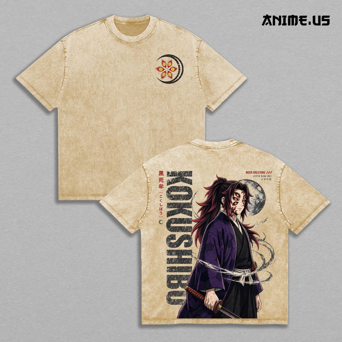 Kokushibo Kimetsu no Yaiba Crescent Moon Anime Vintage Washed Tee