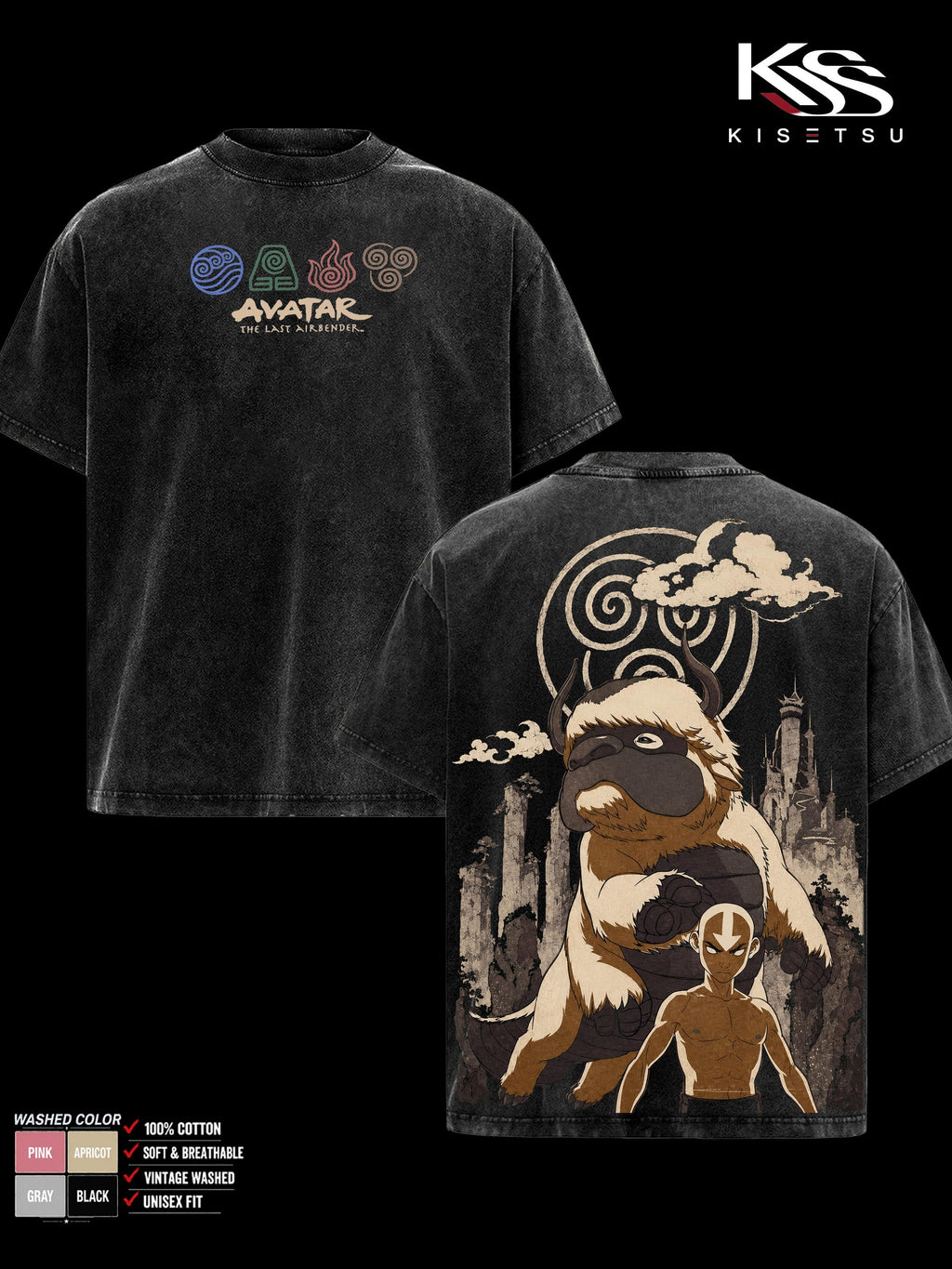 Appa Aang Avatar The Last Airbender Vintage Washed Tee