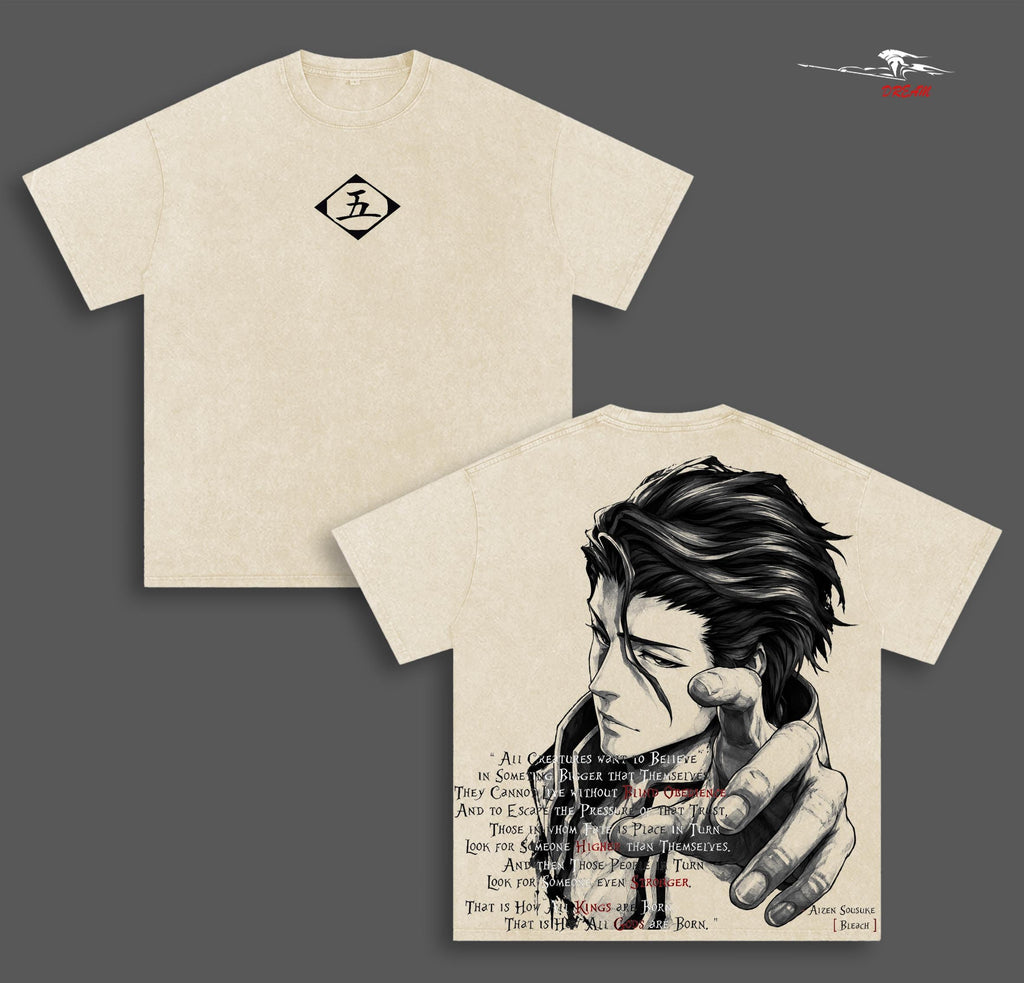 Aizen Sosuke Bleach Anime Double Printed Vintage Washed Tee Unisex Oversize Heavyweight Cotton T-shirt for Anime Fans and Lovers