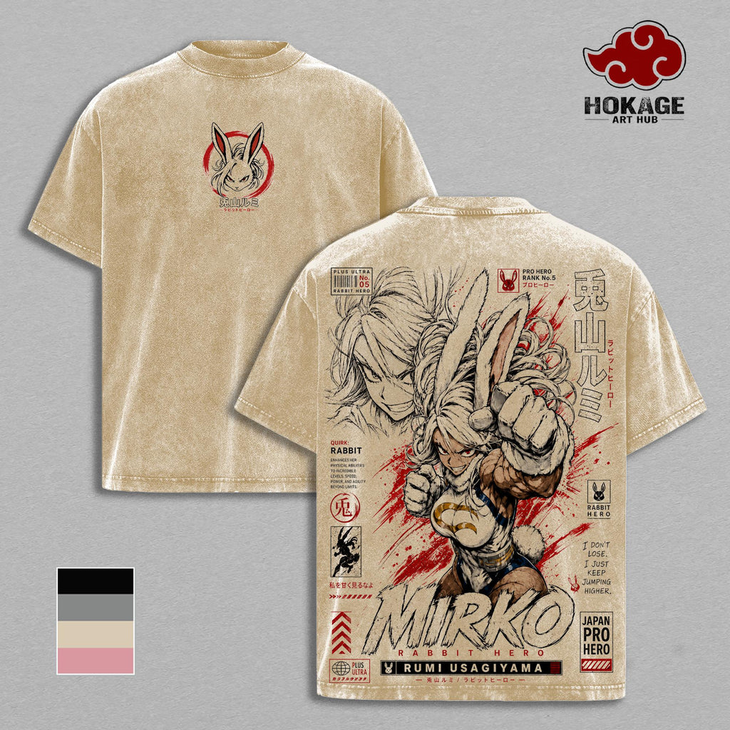 Mirko - My Hero Academia Double Printed Graphic Tee, Vintage Washed Streetwear for Men, Heavyweight Oversized Shirt, Acid Wash Y2K Anime Merch