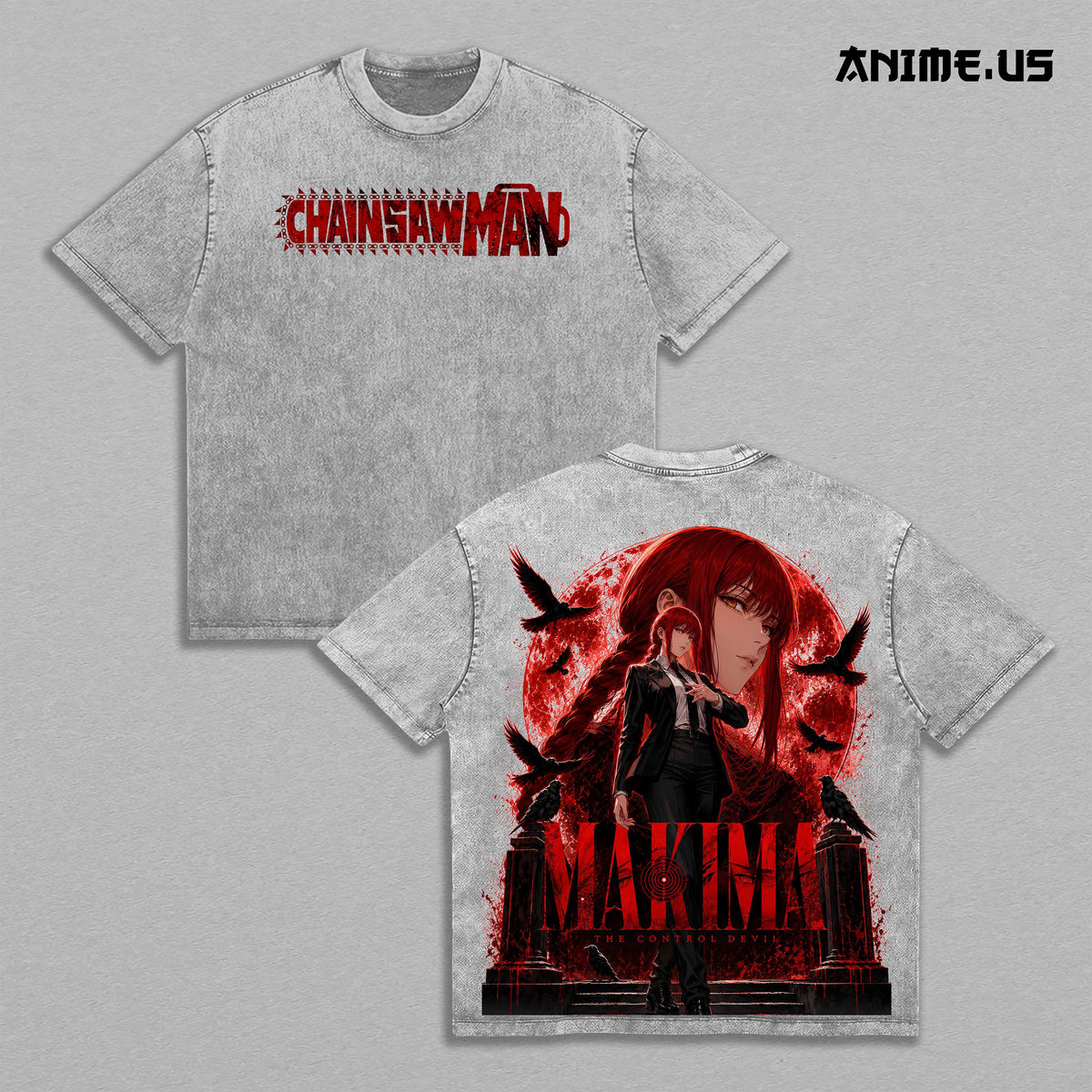 Makima Control Devil Chainsaw Man Anime Graphic Vintage Washed Oversized T-Shirt Red Dark Manga Art Heavyweight Cotton Streetwear Back Print Tee