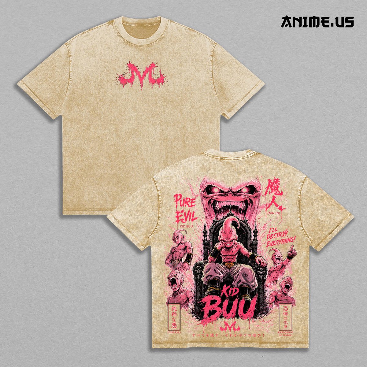 Majin Buu Kid Buu Pure Evil DBZ Vintage Washed Oversized Tee, Anime Graphic Shirt, Heavyweight Cotton Streetwear for DBZ Fans