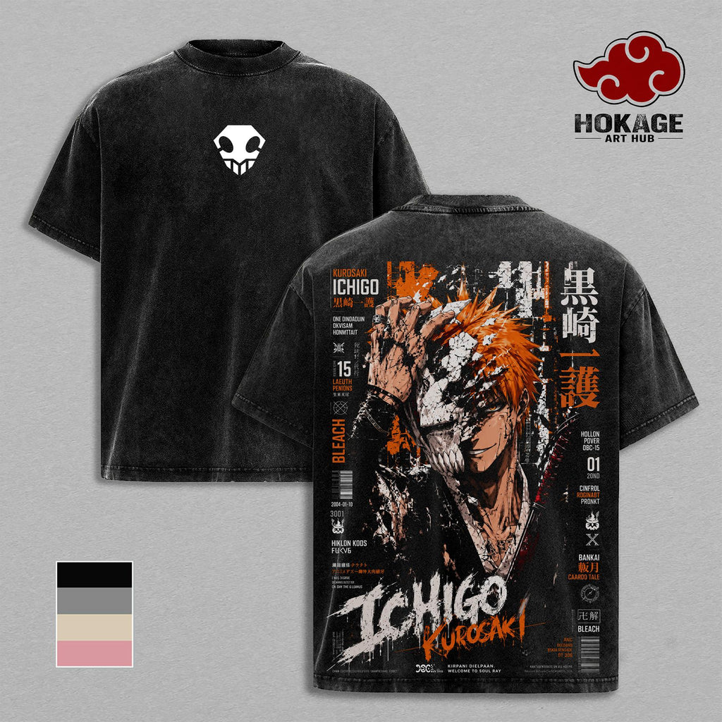 Ichigo Bleach Hollow Mask Anime Double Printed Vintage Washed Tee
