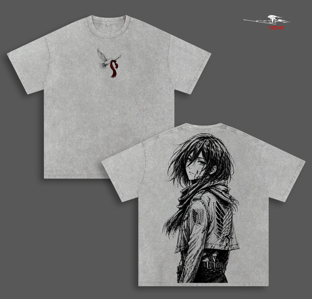 Mikasa Ackerman Attack on Titan Anime Double Printed Vintage Washed Tee Unisex Oversize Anime Manga Washed Heavyweight Cotton T-shirt