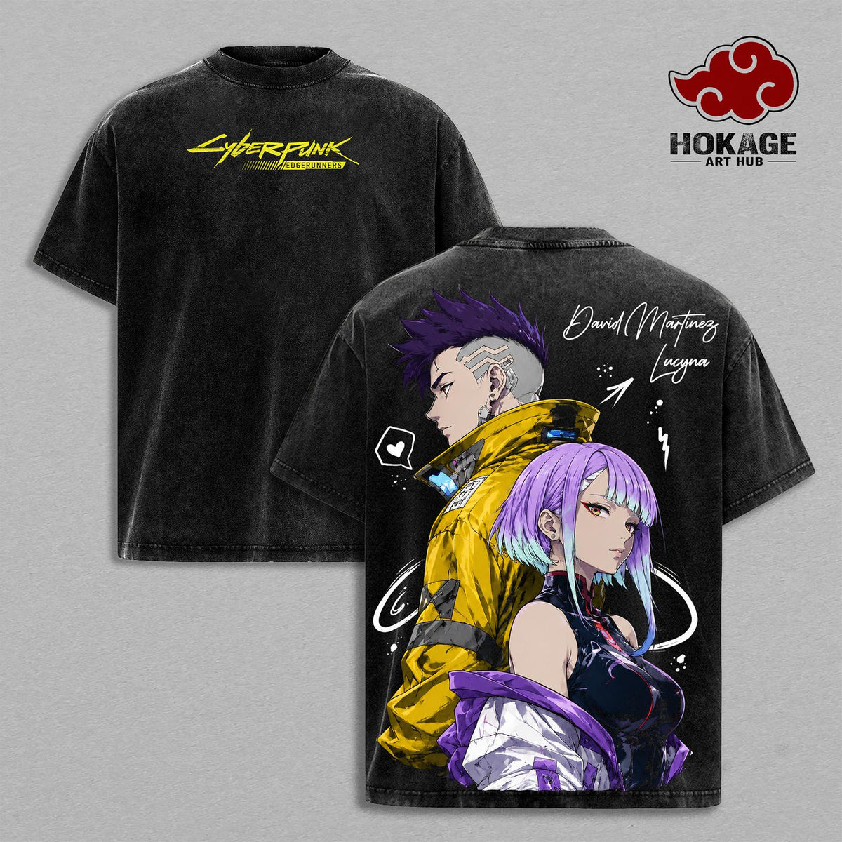 David & Lucy - Cyberpunk Edgerunners Double Printed Graphic Tee, Vintage Washed Streetwear For Men, Heavy Cotton Oversized Shirt, Gift For Anime Fans