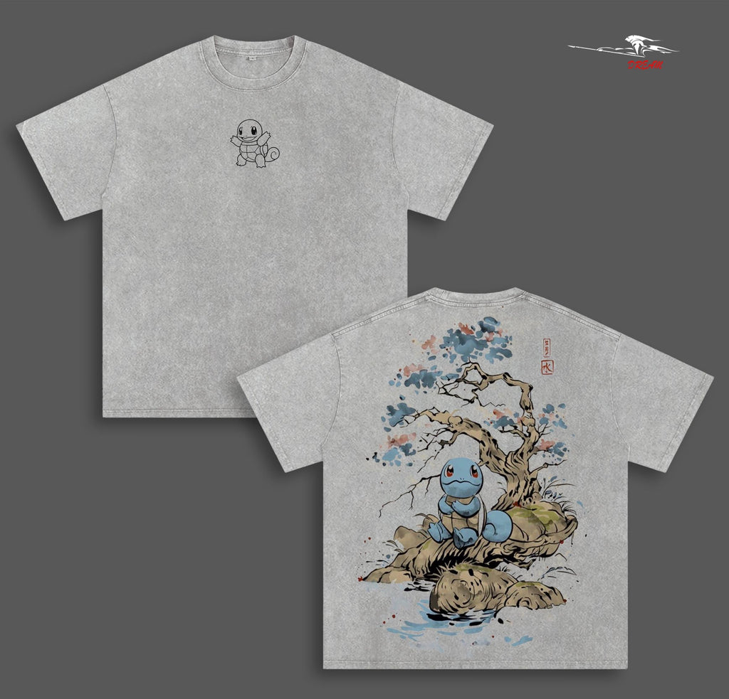 PKM Anime Double Printed Vintage Washed Tee Unisex Oversize Heavyweight Cotton T-shirt for Anime Fans and Lovers