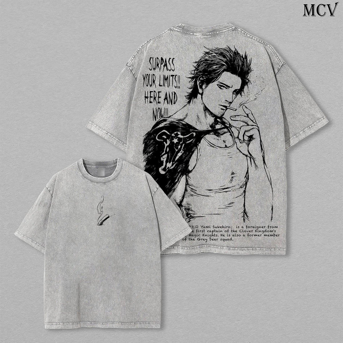 Yami Sukehiro x Black Bulls Black Clover Anime Double Printed Vintage Washed Tee Unisex Oversize Heavyweight Cotton T-shirt