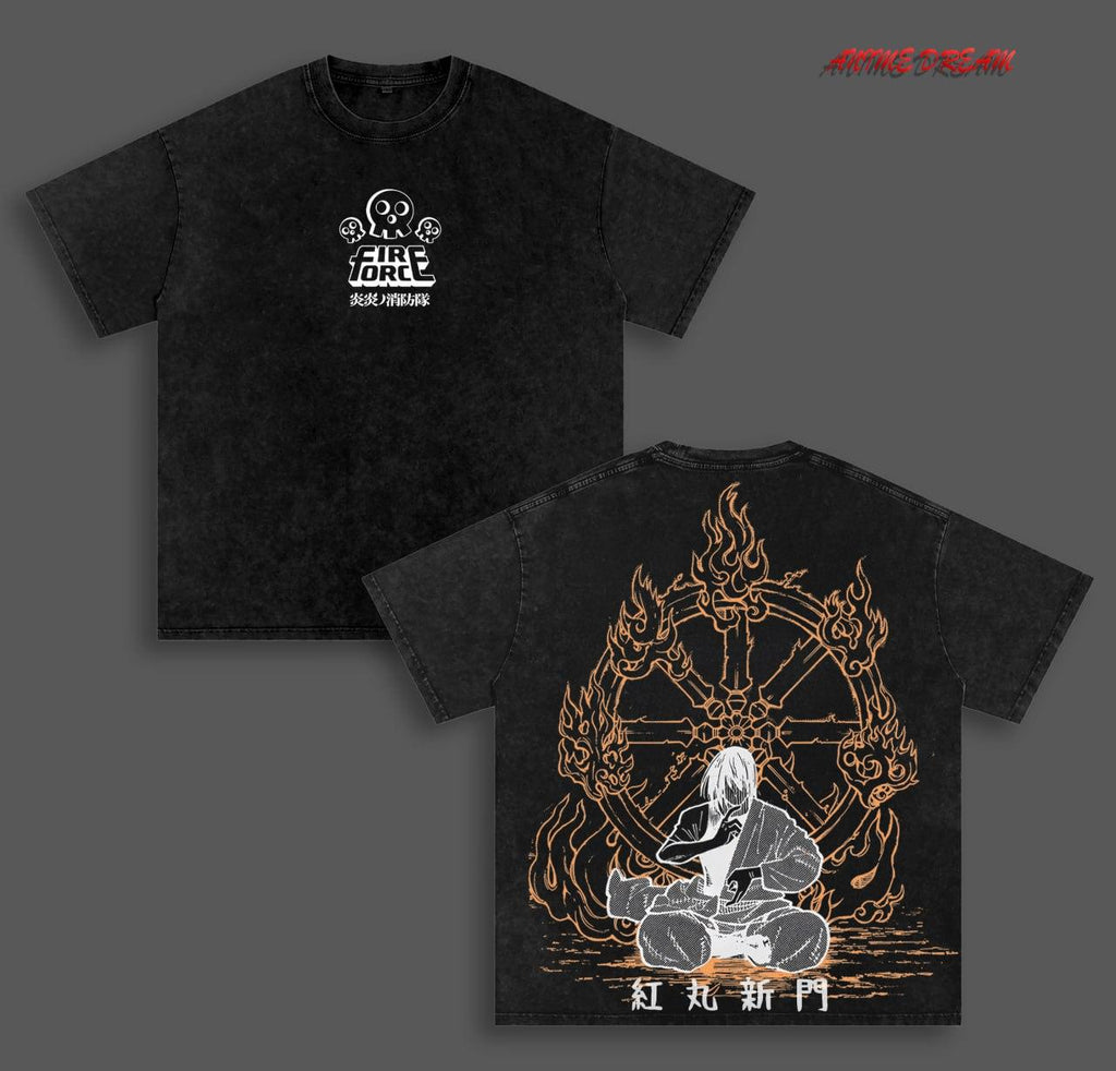 Shinmon Benimaru Fier force Anime Double Printed Vintage Washed Tee Unisex Oversize Anime Manga Washed Heavyweight Cotton T-shirt