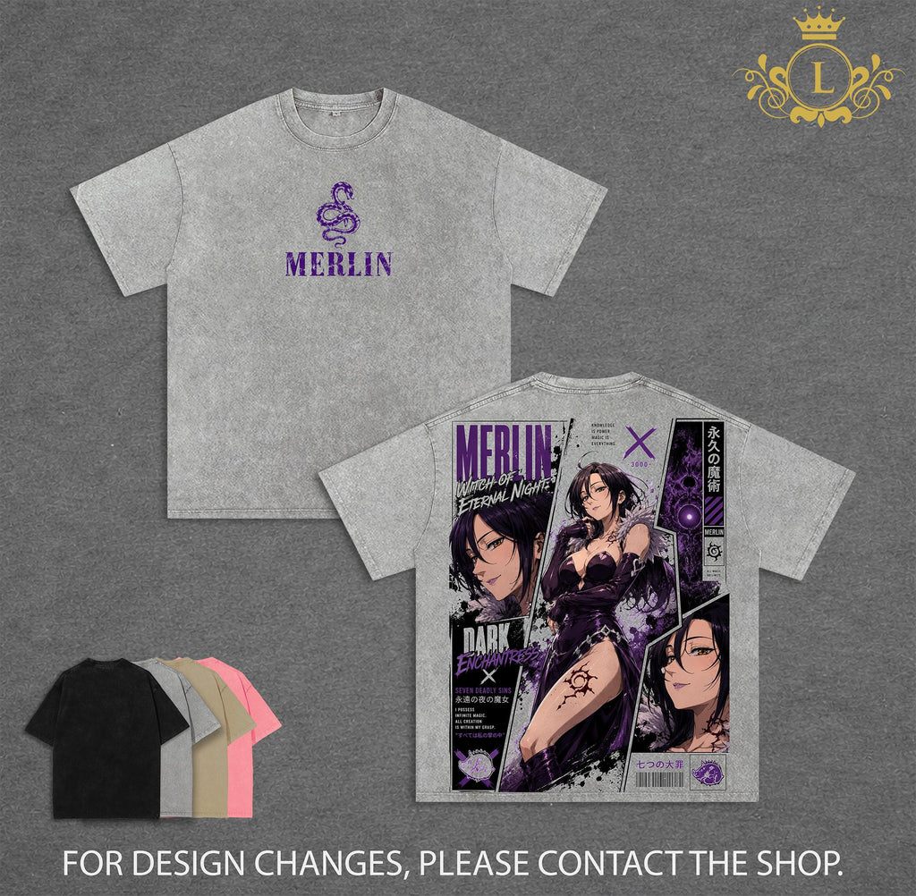 Merlin - Seven Deadly Sins Anime Double Printed Vintage Washed Tee Unisex Oversize Anime Manga Washed Heavyweight Cotton T-shirt