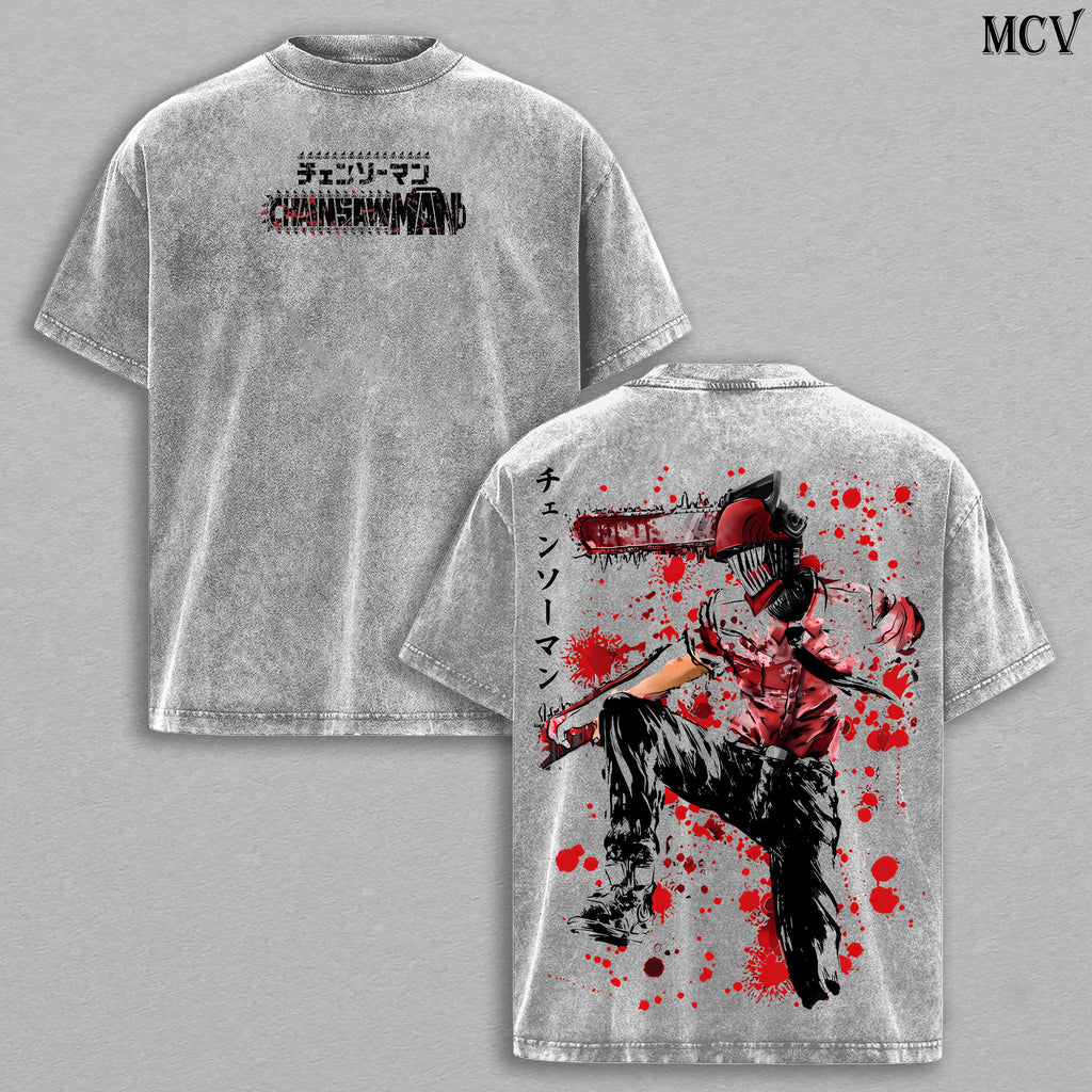 Denji Chainsaw Man Tee – Anime Vintage Washed Oversize T-Shirt Heavy Cotton Menswear Double Printed Unisex Manga Streetwear Retro Fans Edition