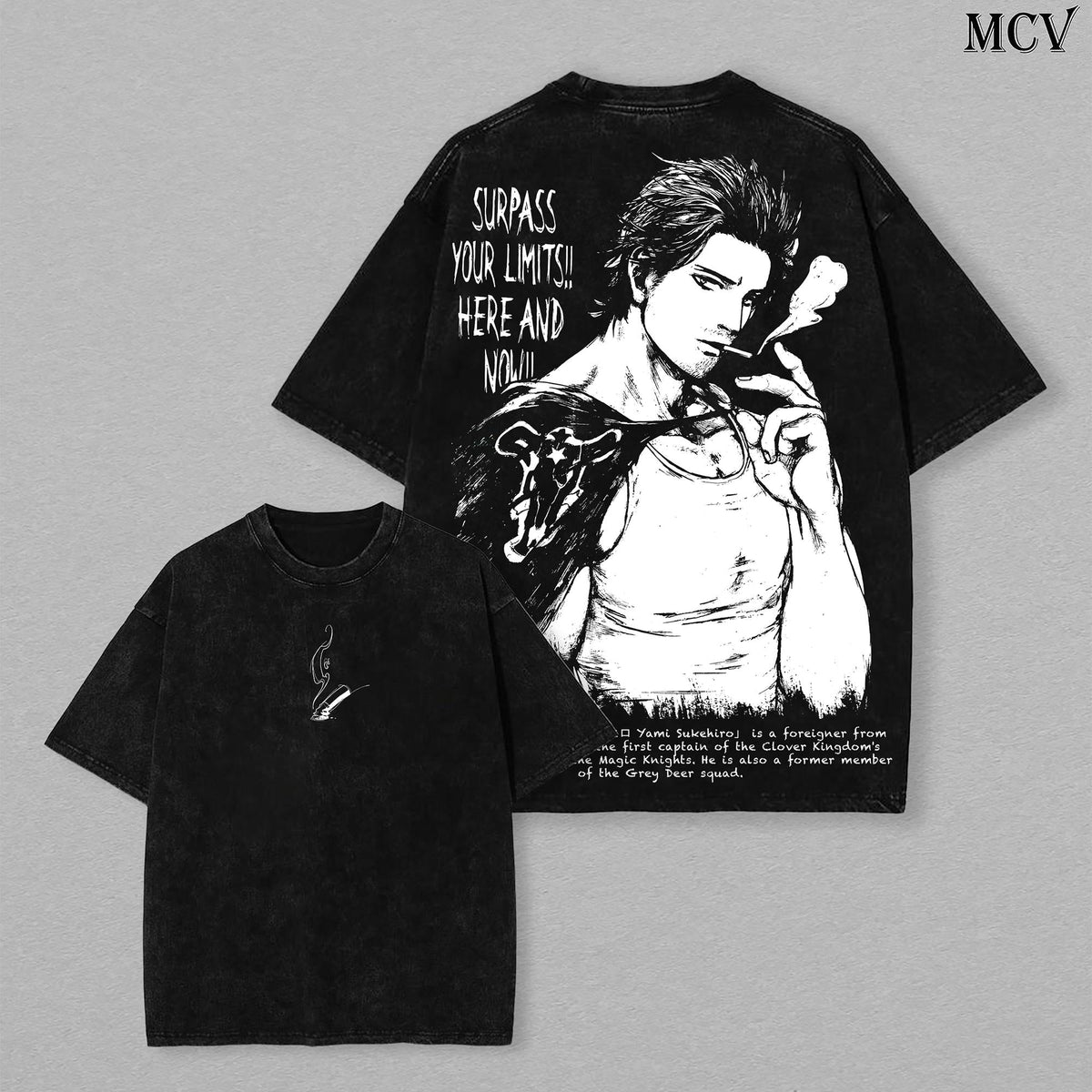 Yami Sukehiro x Black Bulls Black Clover Anime Double Printed Vintage Washed Tee Unisex Oversize Heavyweight Cotton T-shirt