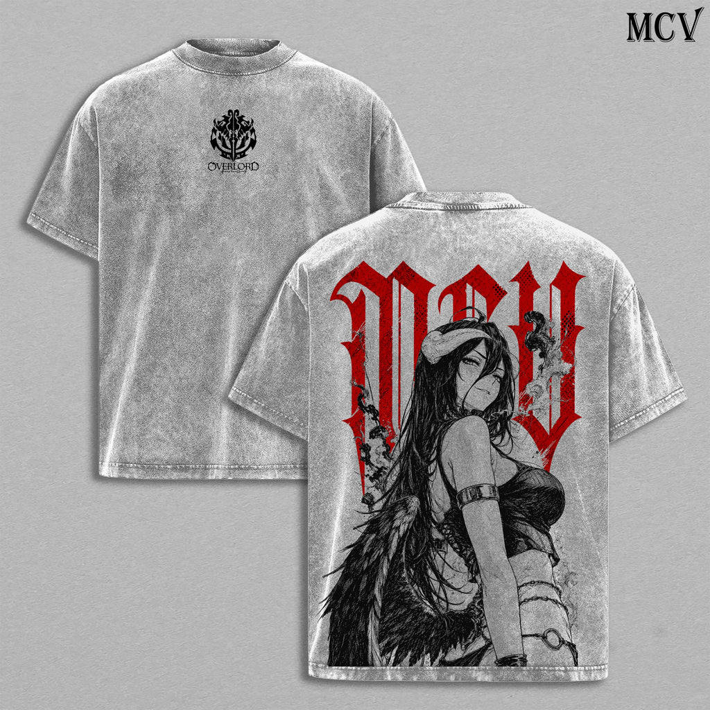 Albedo Overlord Anime Double Printed Vintage Washed Tee Unisex Oversize Anime Manga Washed Heavyweight Cotton T-shirt, Albedo Overlord T-Shirt