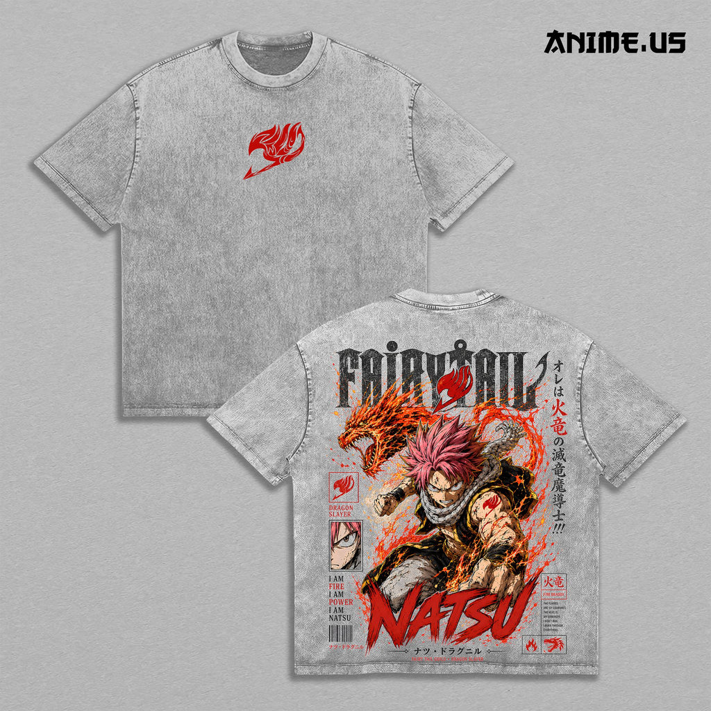 Natsu Dragneel Fairy Tail Fire Dragon Slayer Anime Graphic Vintage Shirt, Burning Spirit Dragon Flame Double Printed Tee Heavyweight Cotton Streetwear