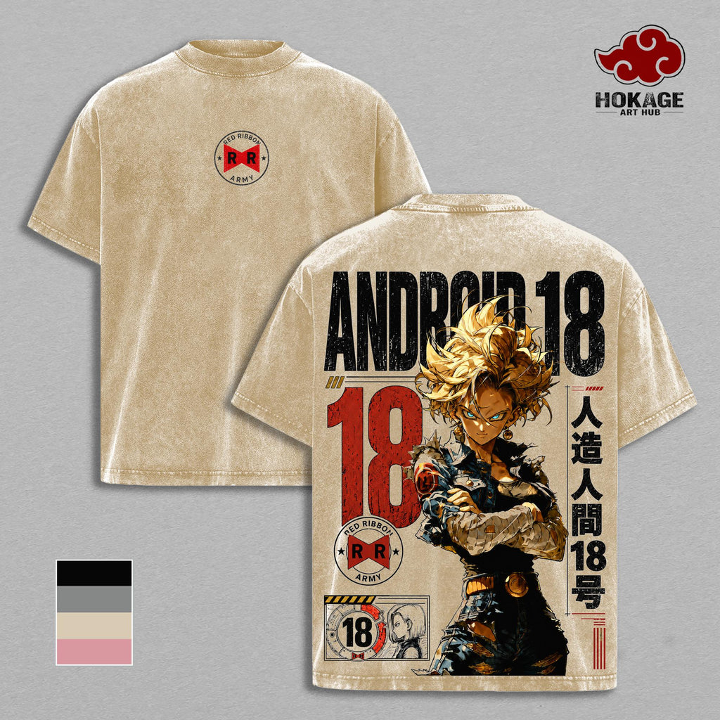 Android 18 DBZ Red Ribbon Army Anime Vintage Washed Tee