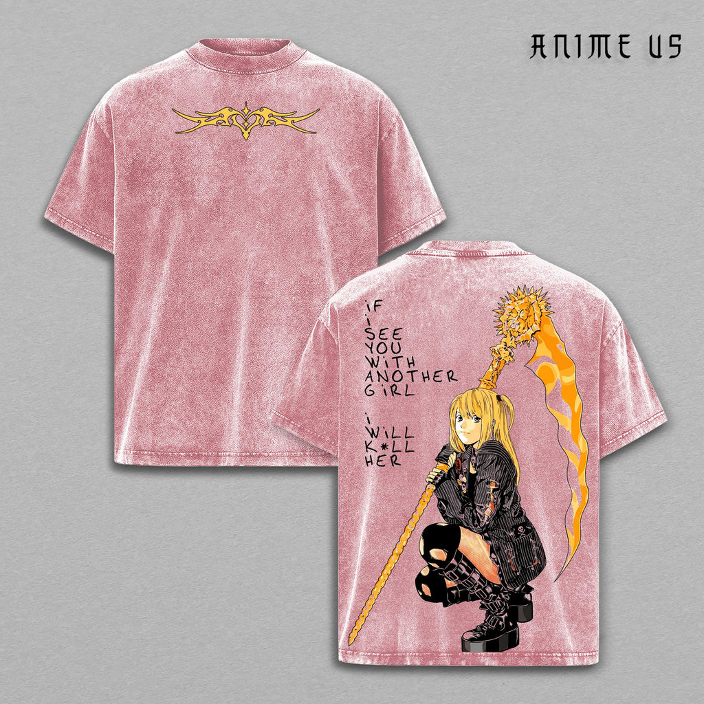 Misa Amane Death Note Double Printed Vintage Tee, Yandere Queen Scythe Heart Emo Anime Graphic Shirt Heavyweight Cotton Unisex Streetwear