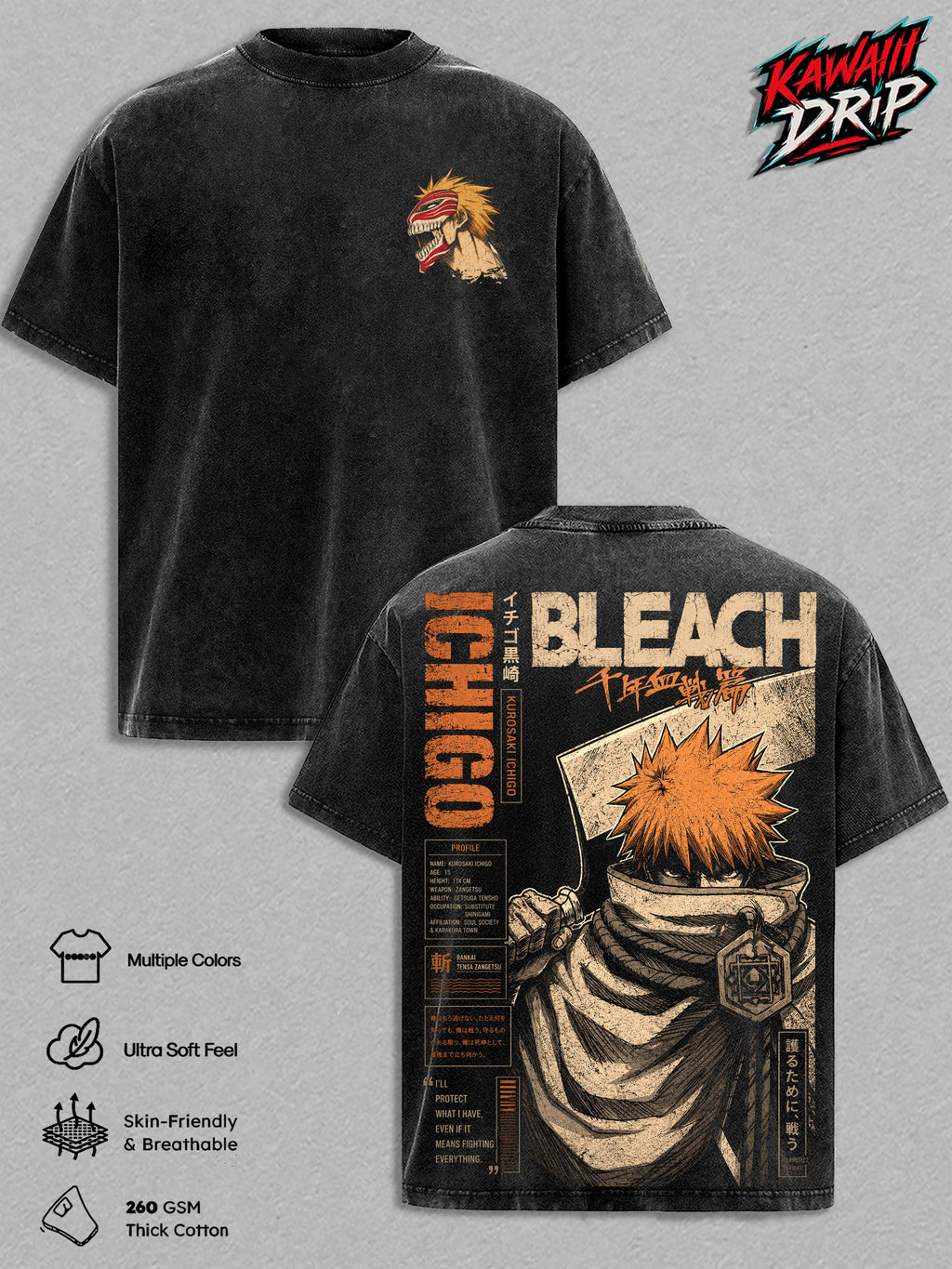 Ichigo Kurosaki Bankai Tensa Zangetsu Bleach Anime Vintage Washed Tee