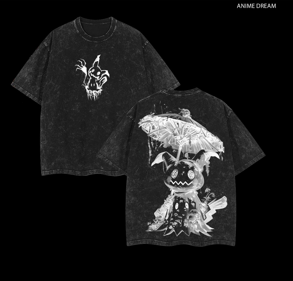 Mimikyu PKM Anime Double Printed Vintage Washed Tee Unisex Oversize Anime Manga Washed Heavyweight Cotton T-shirt, Gift For Anime Fan, Anime Lover