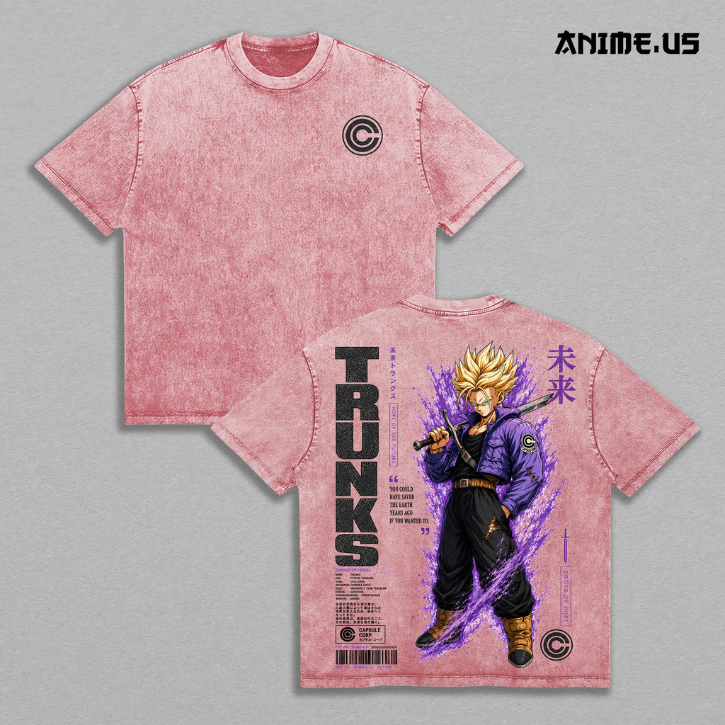 Future Trunks DBZ Vintage Washed Oversized Graphic Tee, Super Saiyan Capsule Corp Anime Heavyweight Cotton Streetwear T-Shirt
